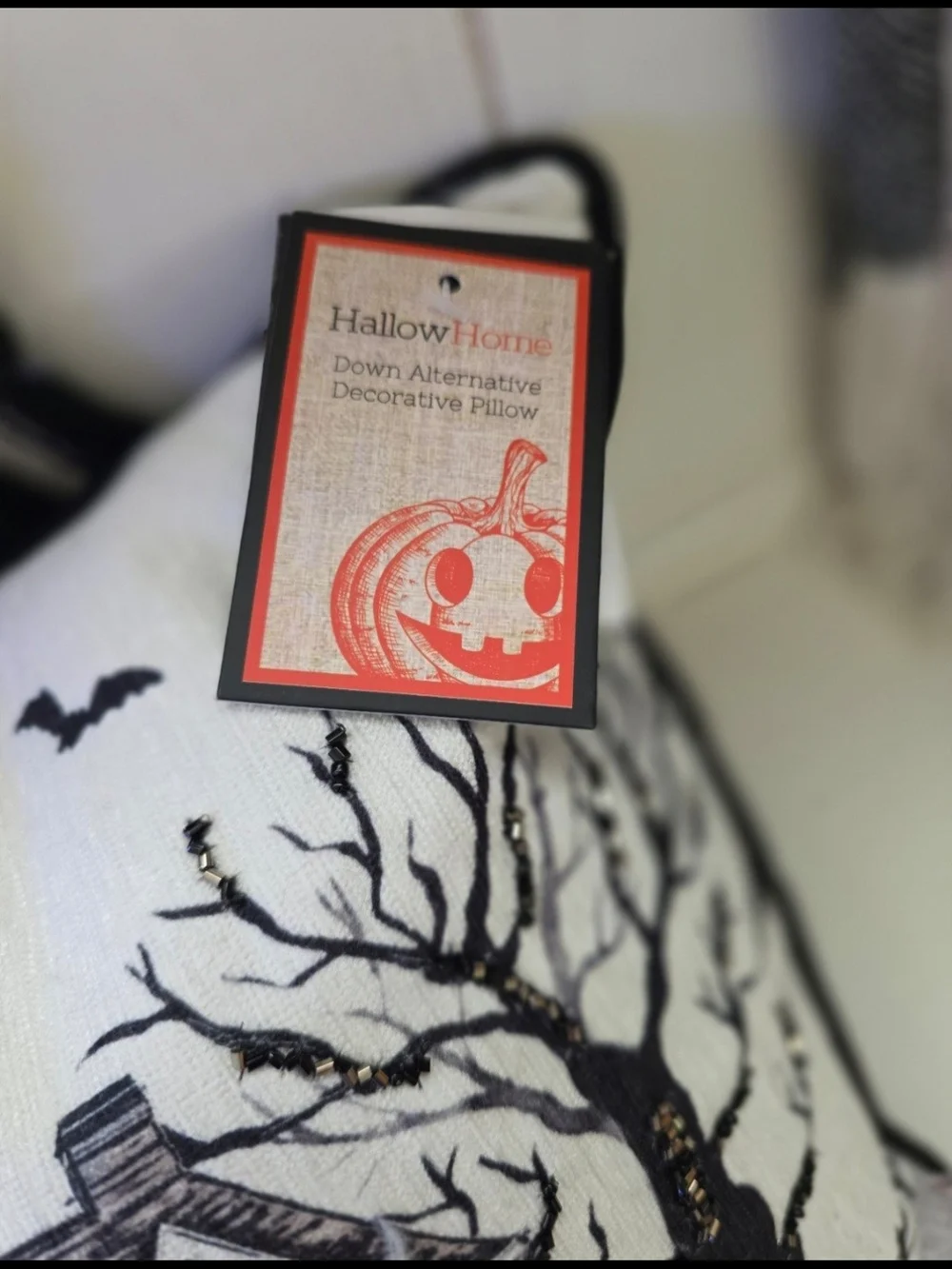 ♥️New! Halloween Haunted House & Ghosts Pillow Beaded Pumpkins Striped Back.